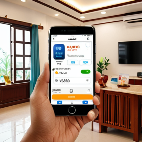 **Automated Savings:** A cozy, modern Vietnamese home interior. A smartphone displays a banking app showing an automated transfer from a salary account to a savings account. Focus on the feeling of ease and security. Consider incorporating Vietnamese đồng (VND) currency symbols.