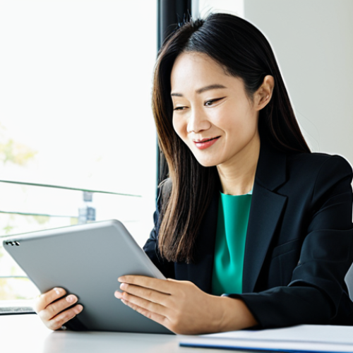 **Prompt 1: Financial Peace through Automation**
    A confident Vietnamese professional woman in her early 30s, wearing a modest, elegant business casual outfit, sitting comfortably at a minimalist desk in a sunlit, modern home office. She is looking at a tablet screen with a calm, relieved expression. The tablet displays a clear, graphical representation of successful automated bill payments and a steadily growing savings balance. The background is clean and uncluttered, featuring a green plant and soft natural light. Perfect anatomy, correct proportions, natural pose, well-formed hands, proper finger count, natural body proportions, fully clothed, modest clothing, appropriate attire, professional dress, safe for work, appropriate content, professional photography, high quality.