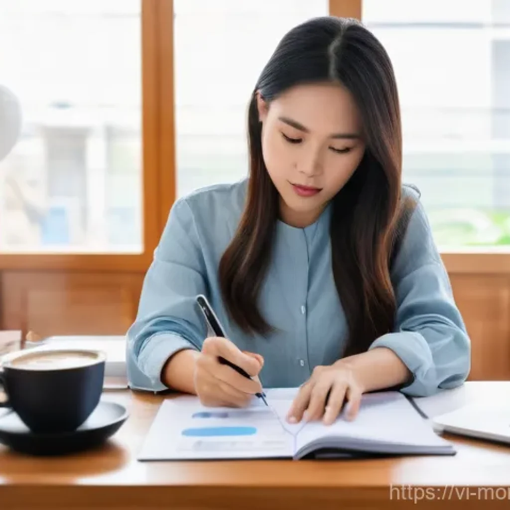 금융 교육과 금융습관 자동화의 시너지 - **Prompt: "A focused young Vietnamese woman, dressed in smart casual attire, sits at a clean, modern...