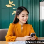 금융습관 자동화와 재정적 안정성의 관계 - **Prompt:** A modern Vietnamese young woman, in her late 20s, dressed in a stylish yet modest profes...