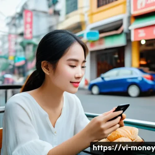 금융습관 자동화의 글로벌 사례 - A young Vietnamese woman sitting at a cozy café table, using a smartphone app to track her daily exp...