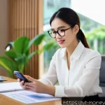 금융습관 자동화 시스템의 변화와 진화 - A Vietnamese young professional woman sitting at a modern desk in a bright home office, using a slee...