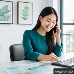 금융습관 자동화의 비즈니스 모델 분석 - A modern Vietnamese young professional woman sitting at a sleek desk in a bright home office, smilin...