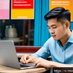 금융습관 자동화를 통한 소비 패턴 분석 - A modern Vietnamese young professional using a smartphone app to track personal expenses, sitting at...