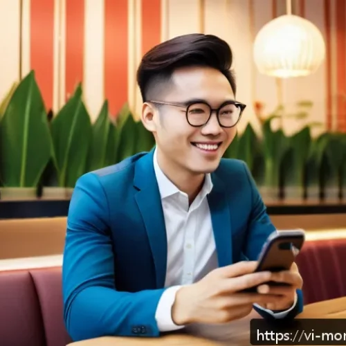 금융습관 자동화에 대한 소비자 인식 조사 - A modern Vietnamese young professional using a smartphone app to manage personal finances, sitting a...