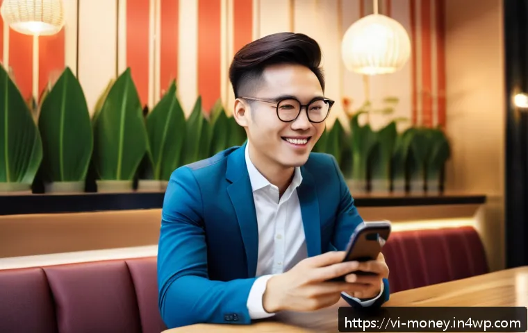 금융습관 자동화에 대한 소비자 인식 조사 - A modern Vietnamese young professional using a smartphone app to manage personal finances, sitting a...